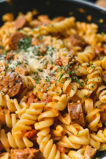 One Pot Creamy Spicy Cajun Sausage Pasta taken with iphone 15 pro max --iw 2 --ar 4:5 --v 6.0 --raw