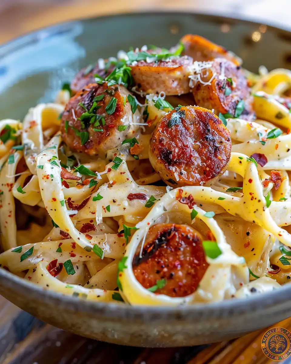 Ingredients for one-pot creamy spicy cajun sausage pasta in bowls