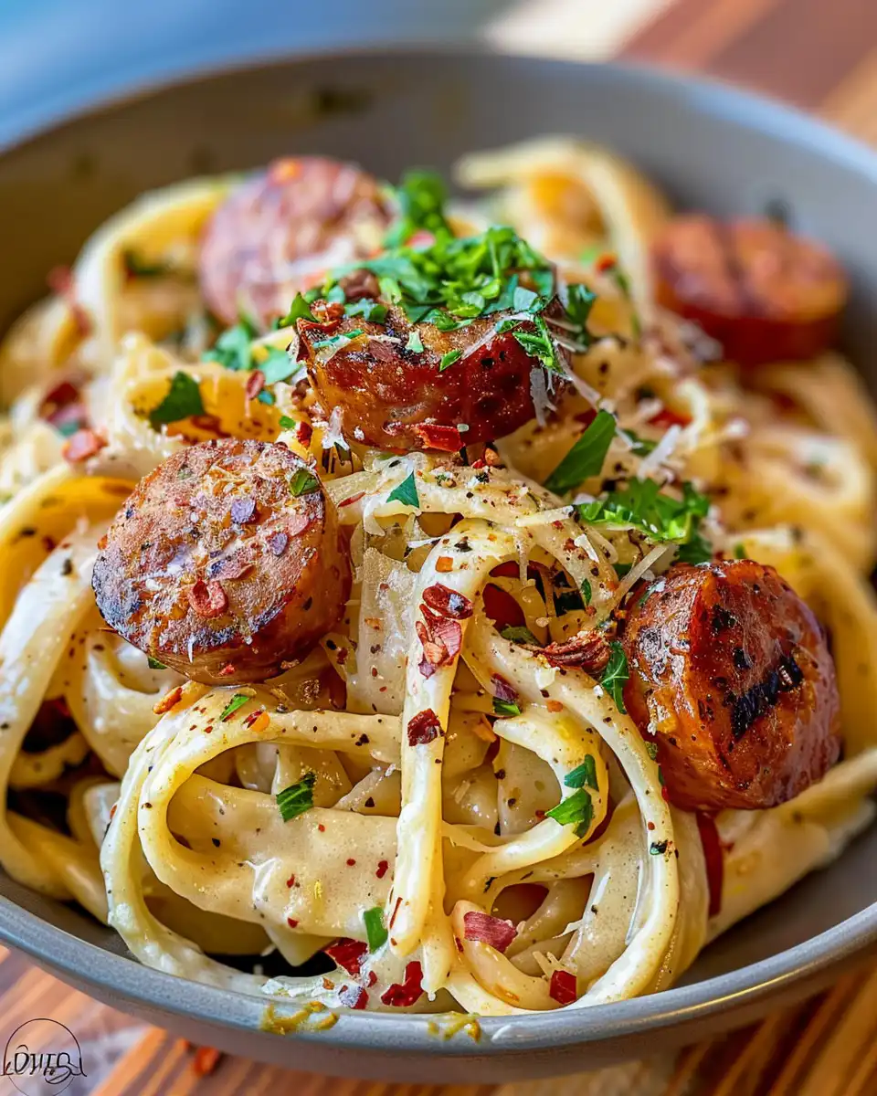 Creamy spicy cajun sausage pasta served on a plate