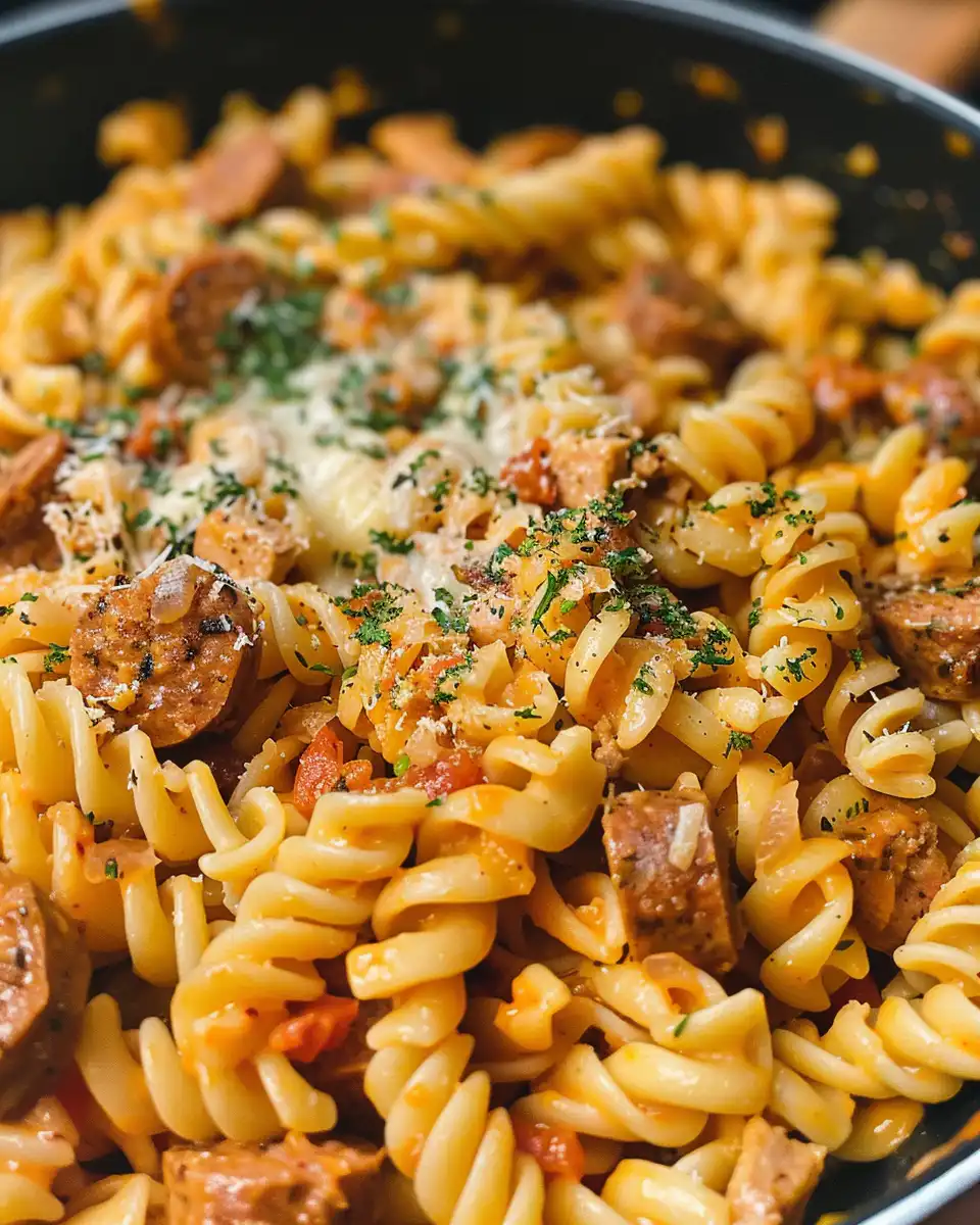 Close-up of one pot creamy spicy cajun sausage pasta in pressure cooker with steam