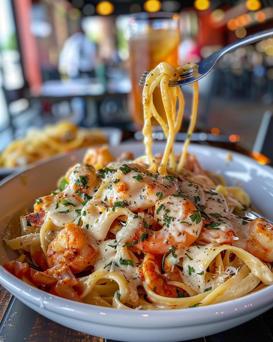 Served Mardi Gras pasta with shrimp, andouille sausage, and creamy sauce