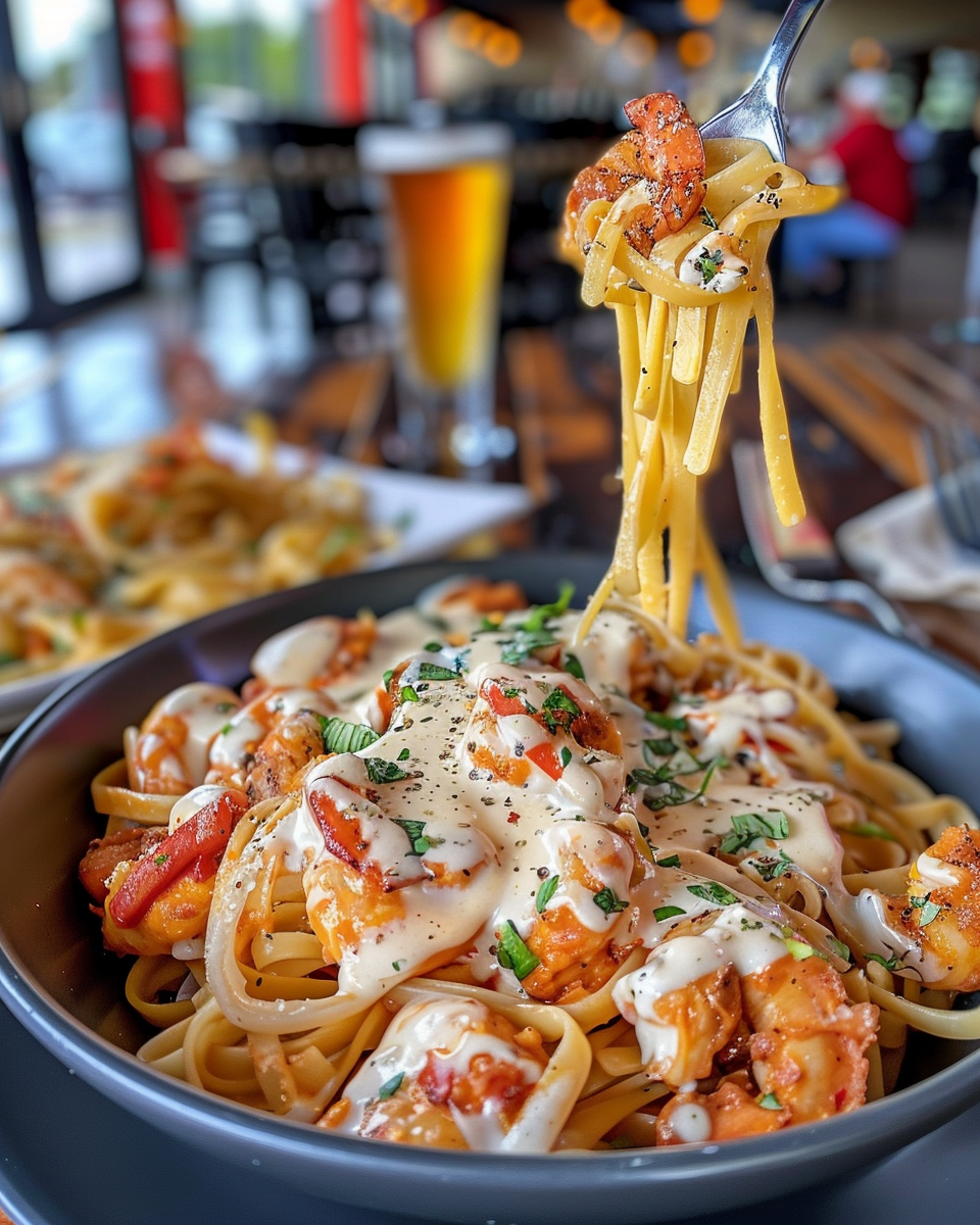 Closeup of Mardi Gras pasta with shrimp and creamy sauce in pressure cooker