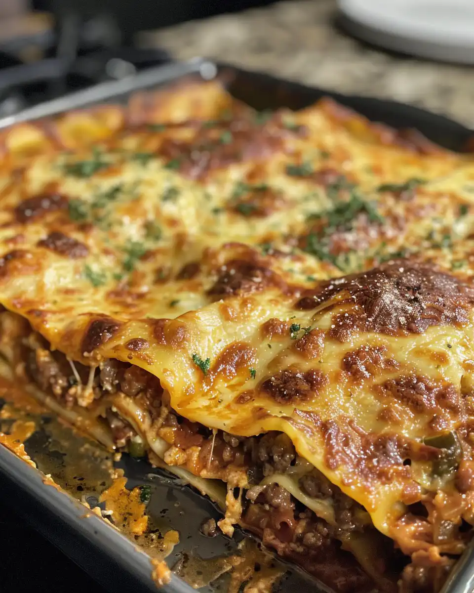 Finished Parmesan garlic bacon cheeseburger lasagna on a serving plate