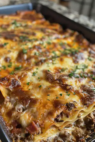 Parmesan Garlic Bacon Cheeseburger Lasagna taken with iphone 15 pro max --iw 2 --ar 4:5 --v 6.0 --raw