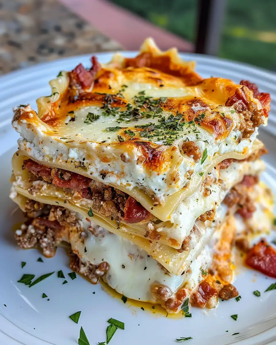 Served Parmesan Garlic Bacon Cheeseburger Lasagna slice showing melted cheese and layers