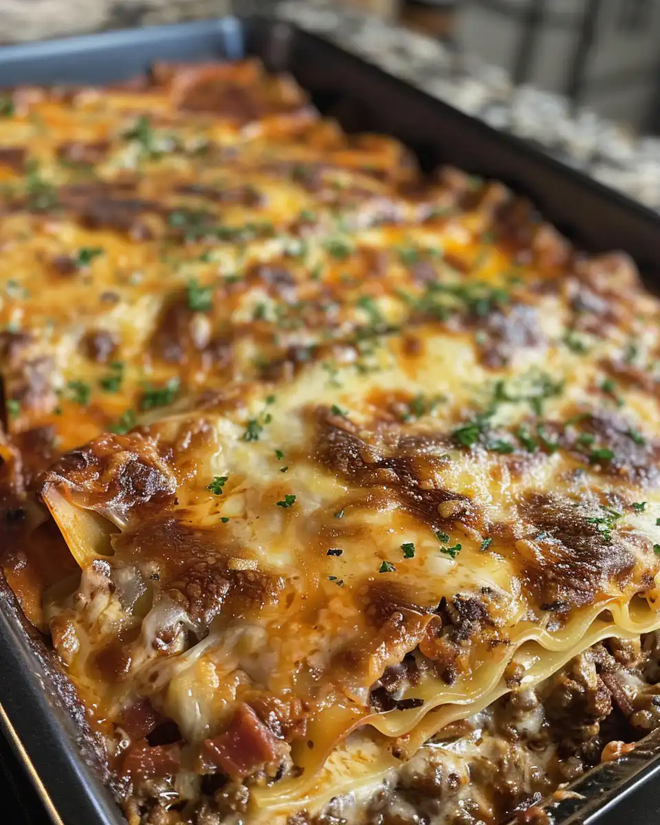 Parmesan garlic bacon cheeseburger lasagna closeup with steam