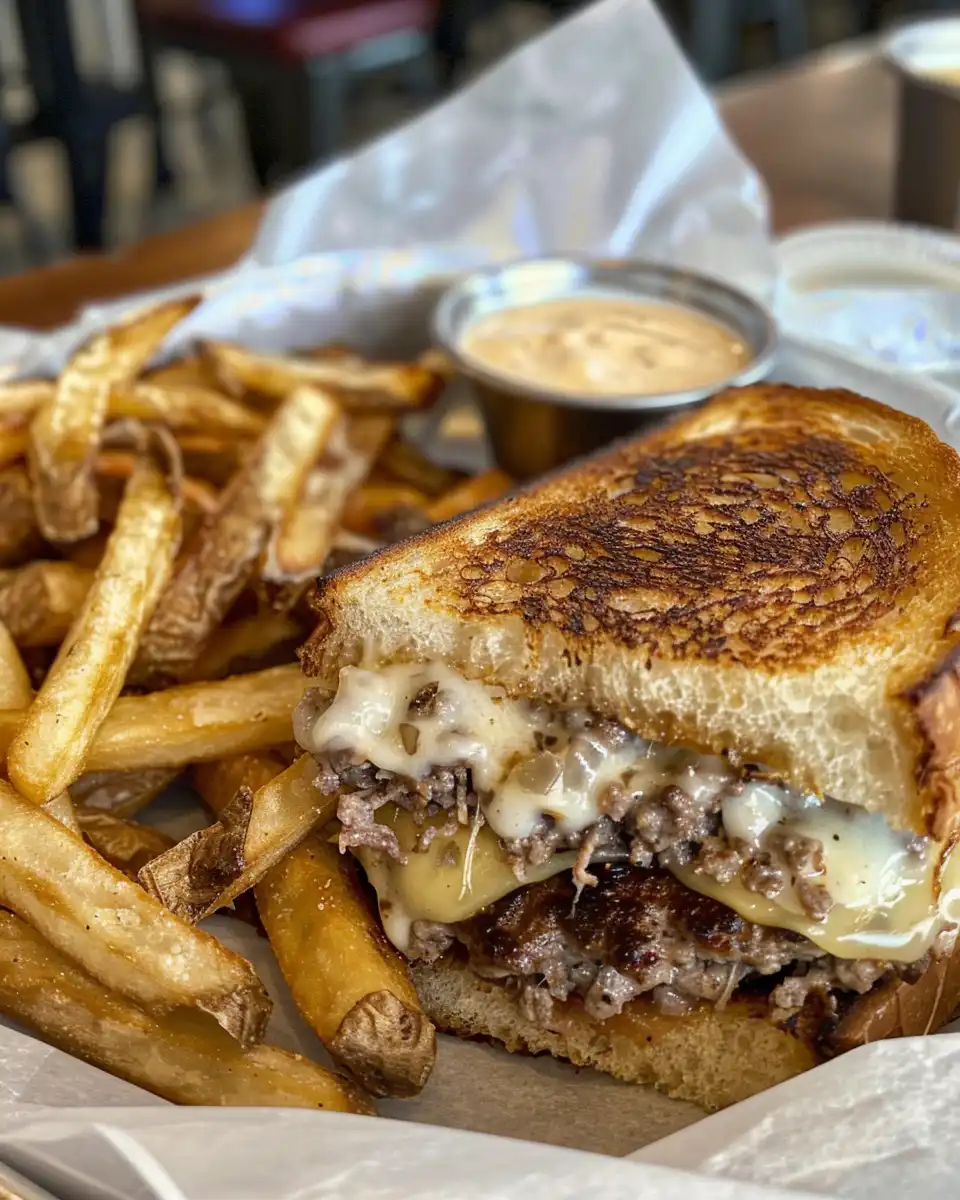 Final served patty melt sandwich cut in half with melted cheese