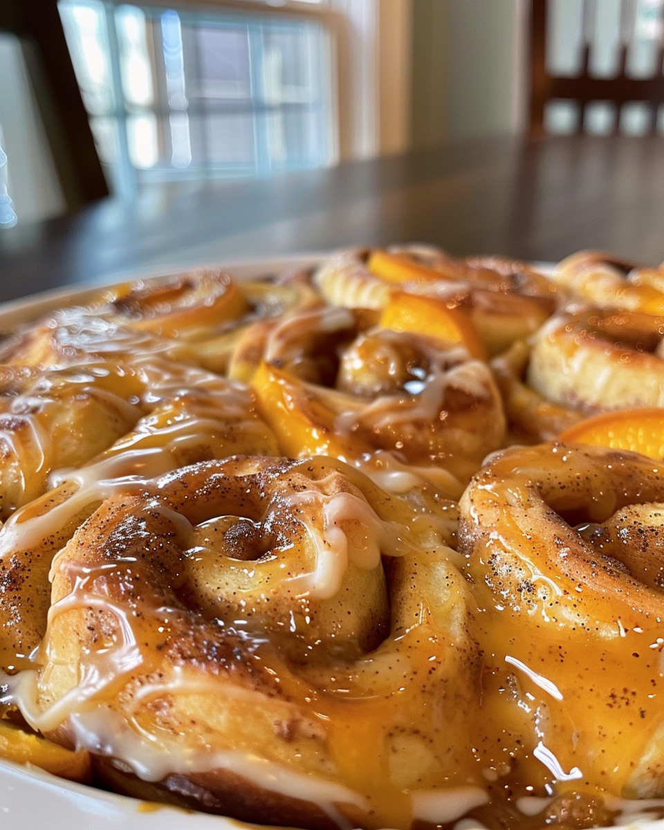 Ingredients for peach pie cinnamon rolls ready in baking dish
