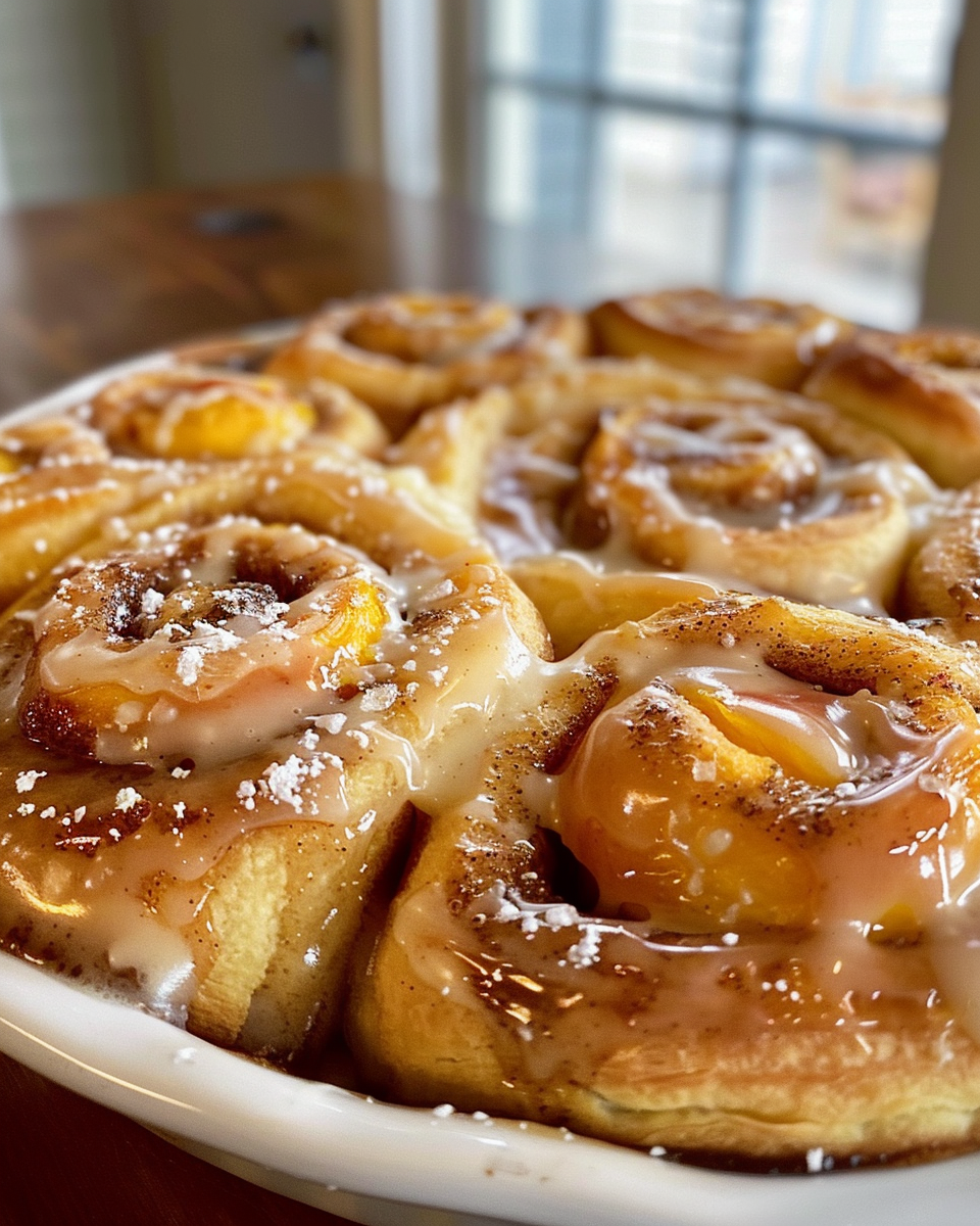 Close-up of peach pie cinnamon rolls fresh and gooey