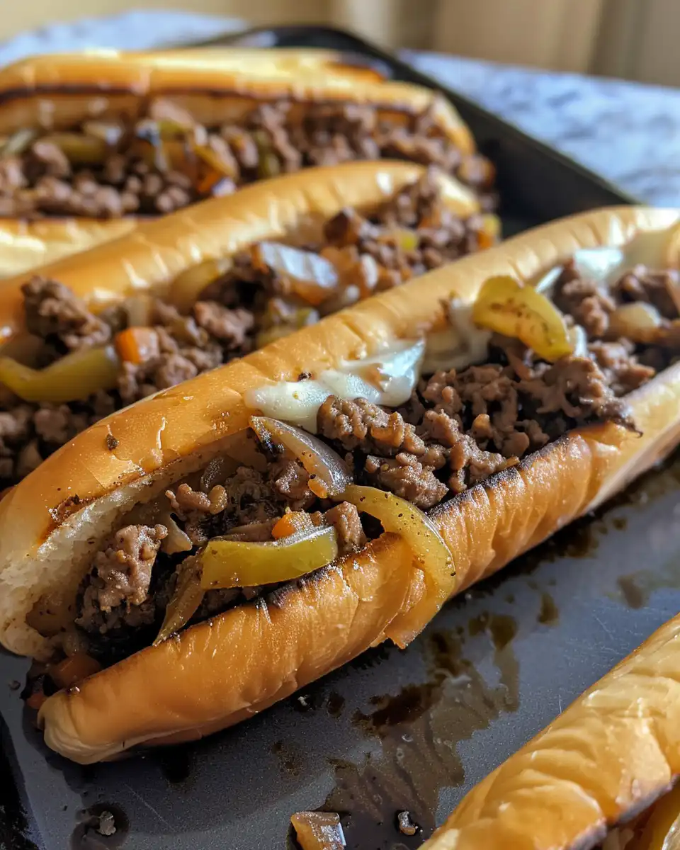 Served cheesesteak sloppy joes with melty cheese on brioche buns