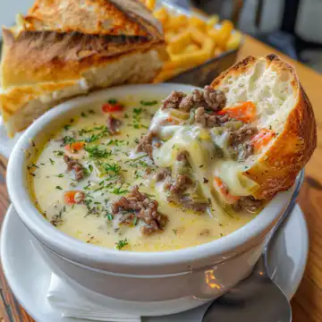 Philly Cheesesteak Soup taken with iphone 15 pro max --iw 2 --ar 4:5 --v 6.0 --raw