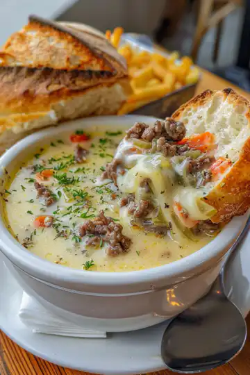 Philly Cheesesteak Soup taken with iphone 15 pro max --iw 2 --ar 4:5 --v 6.0 --raw