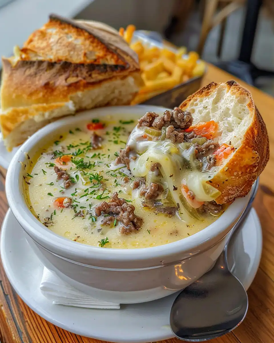 Bubbling Philly cheesesteak soup in pressure cooker pot