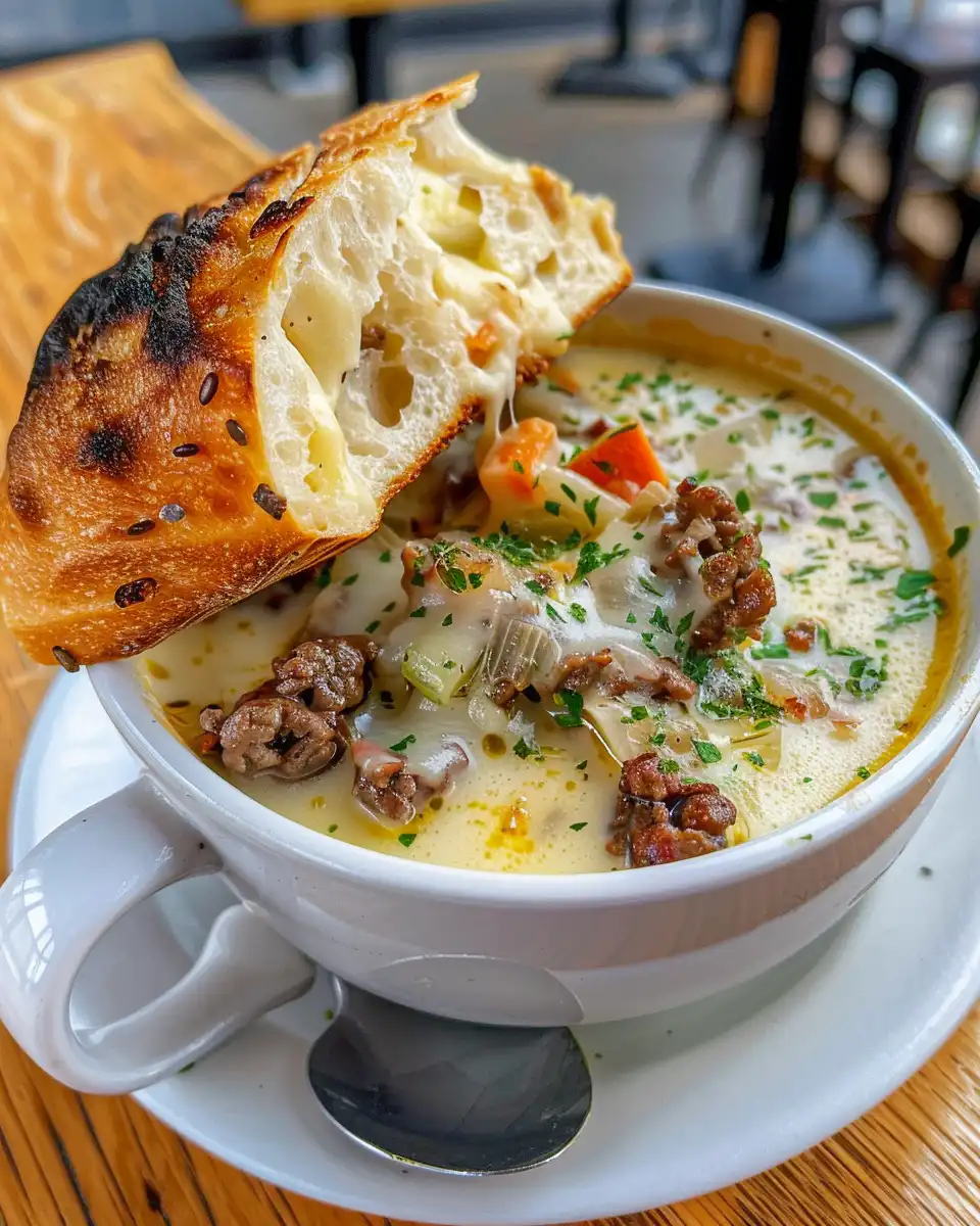 Creamy Philly cheesesteak soup served in bowl garnished with cheese and croutons