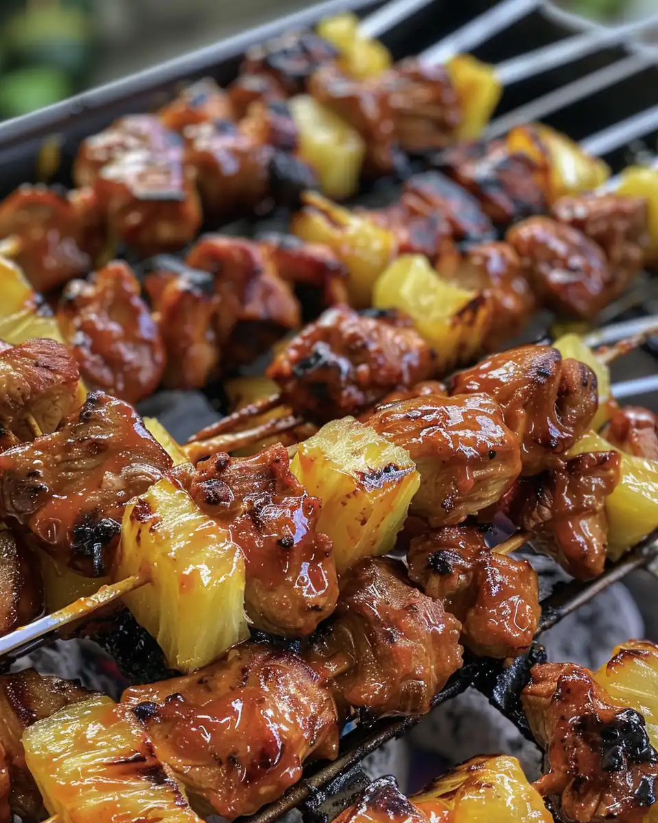 Ingredients for pineapple BBQ pork kabobs with fresh pineapple and pork cubes