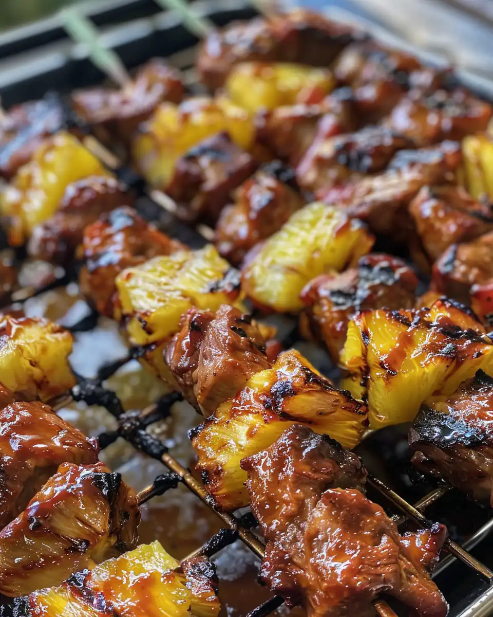 Juicy finished pineapple BBQ pork skewers served on a platter