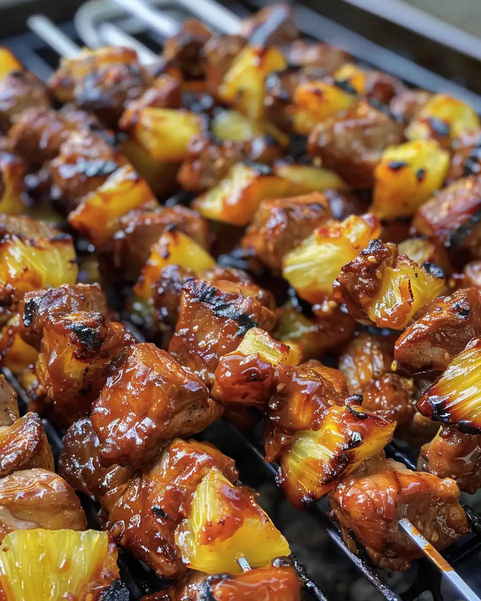 Fresh pineapple BBQ pork skewers cooking in pressure cooker with steam