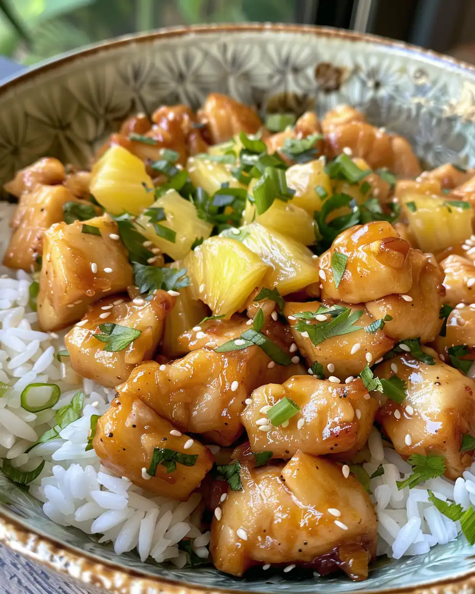 Finished pineapple chicken served with coconut rice and garnished with fresh herbs