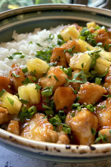 Pineapple Chicken and Rice taken with iphone 15 pro max --iw 2 --ar 4:5 --v 6.0 --raw
