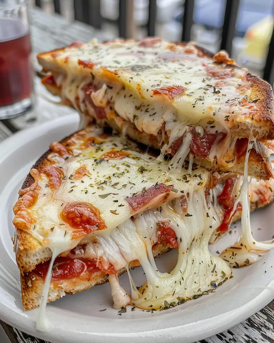 Served pizza grilled cheese sandwich cut in half with dipping sauce
