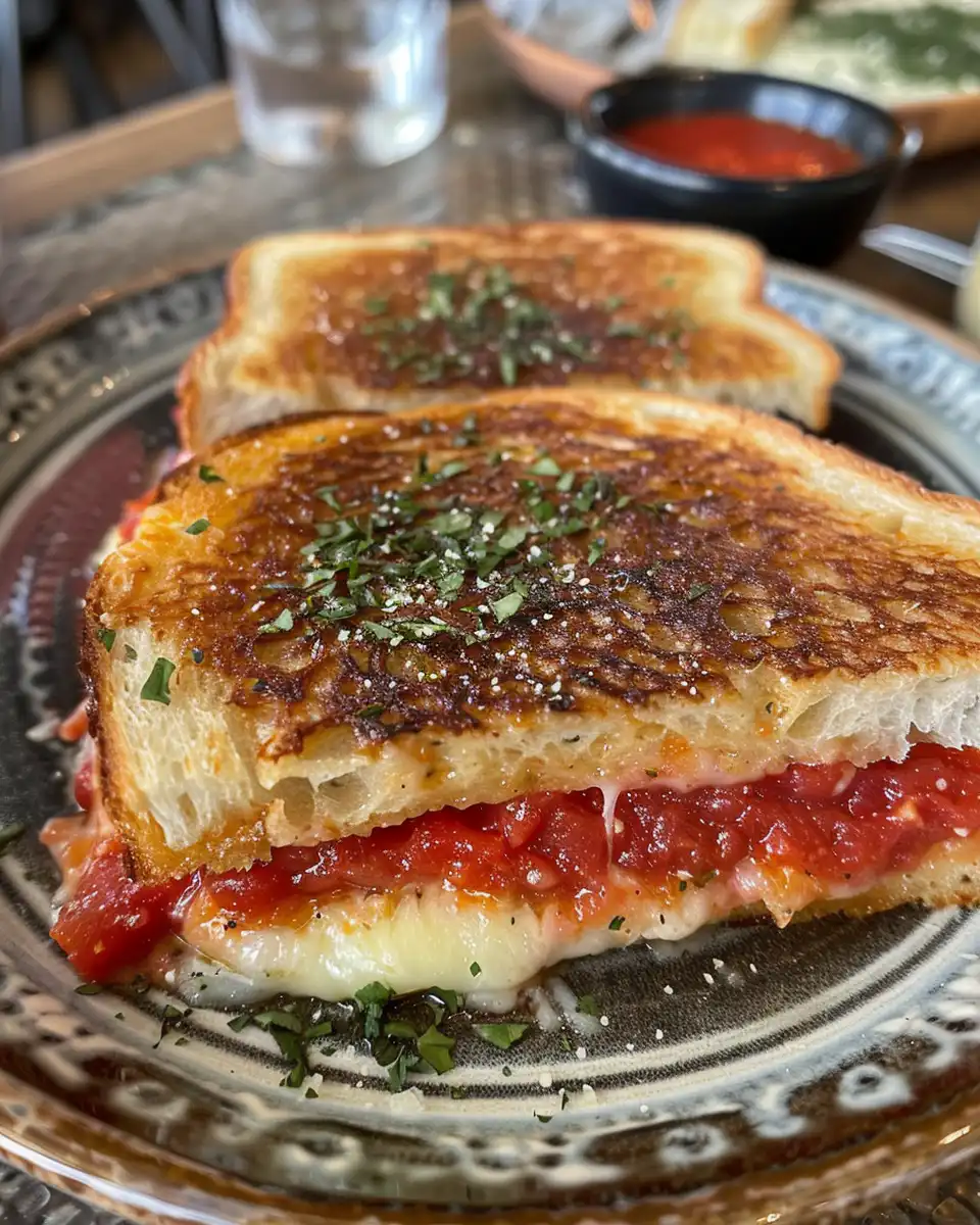 Pizza grilled cheese sandwich served cut in half with dipping sauce