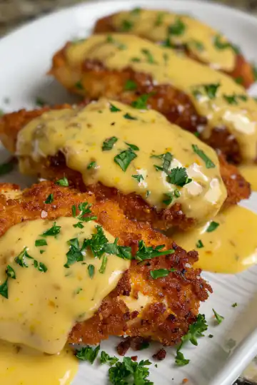 Pretzel Chicken with Mustard Cheddar Sauce taken with iphone 15 pro max --iw 2 --ar 4:5 --v 6.0 --raw