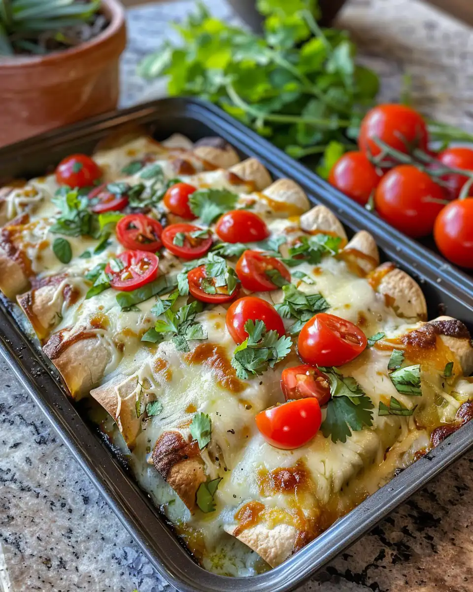 Baked queso chicken enchiladas with melted cheese on top