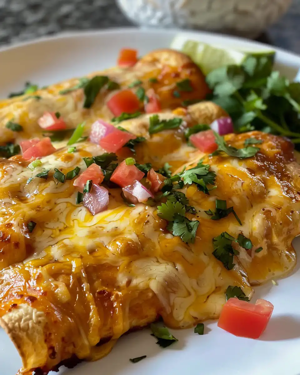 Final cheesy chicken enchiladas with melted cheese and salsa verde topping