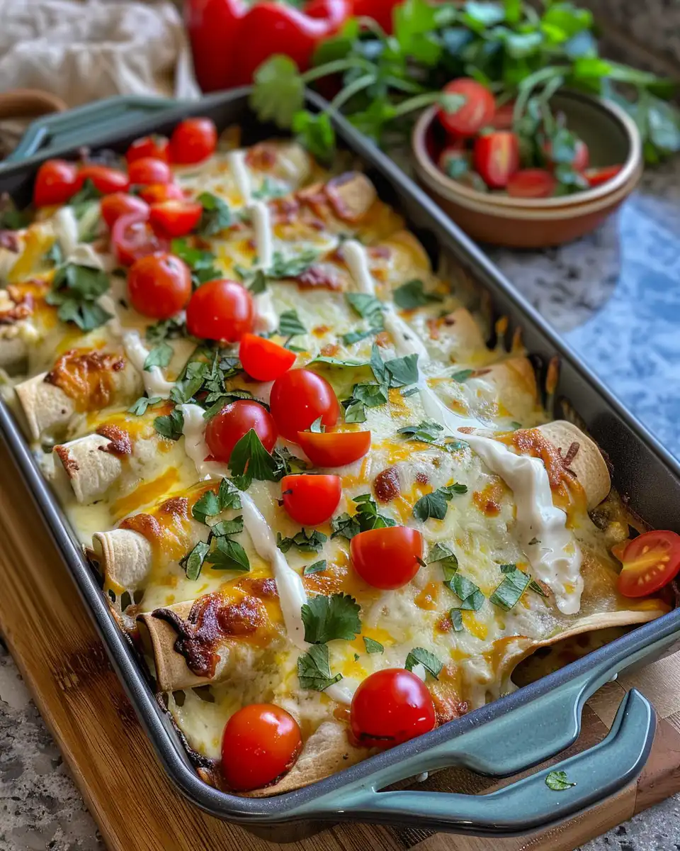 Close-up of creamy queso chicken enchiladas fresh from pressure cooker