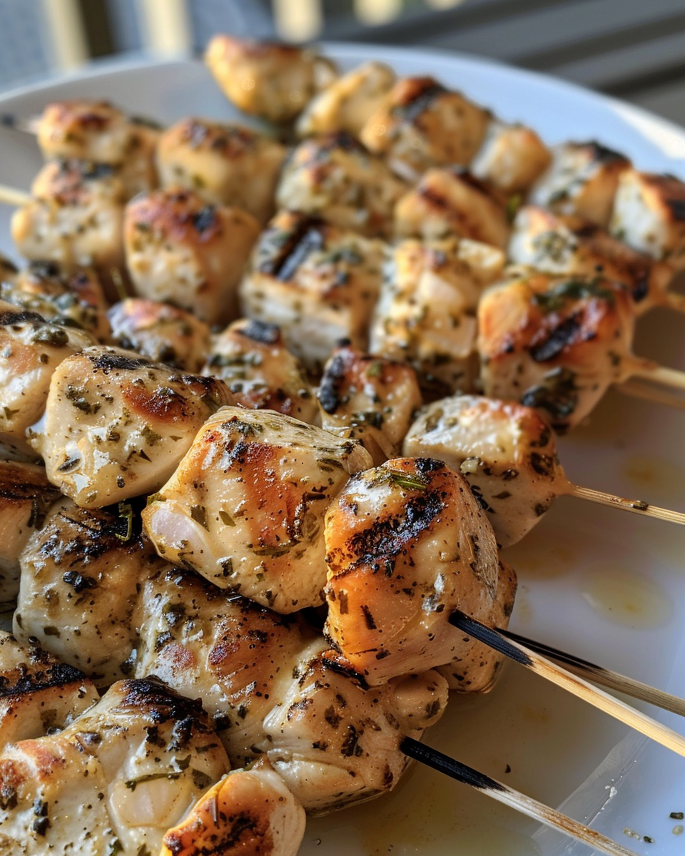 Plated ranch garlic parmesan chicken skewers ready to eat