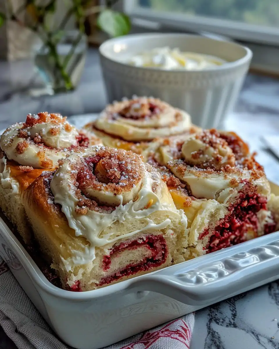 Ingredients for red velvet cinnamon rolls on a kitchen counter