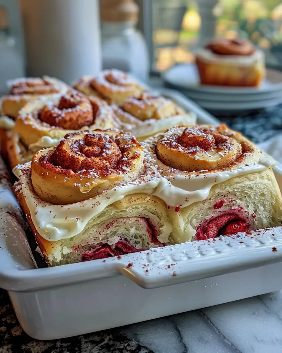 Delicious red velvet cinnamon rolls ready to eat