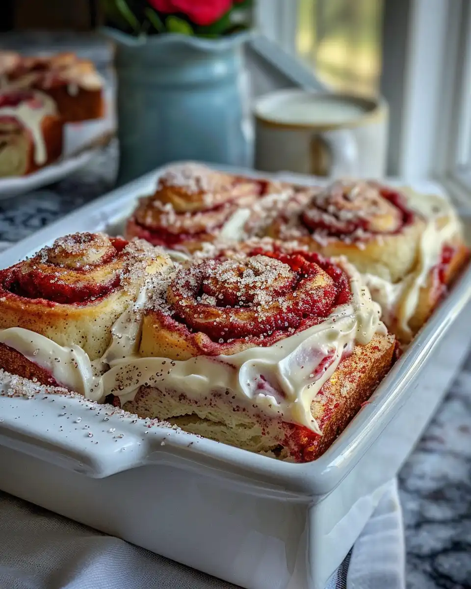 Freshly baked red velvet cinnamon rolls in a pan