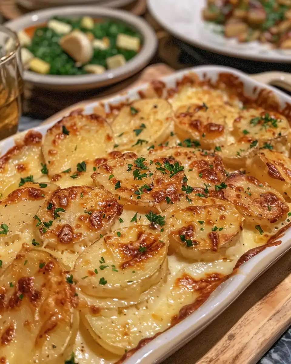 Finished roasted garlic potatoes au gratin baked golden and bubbly
