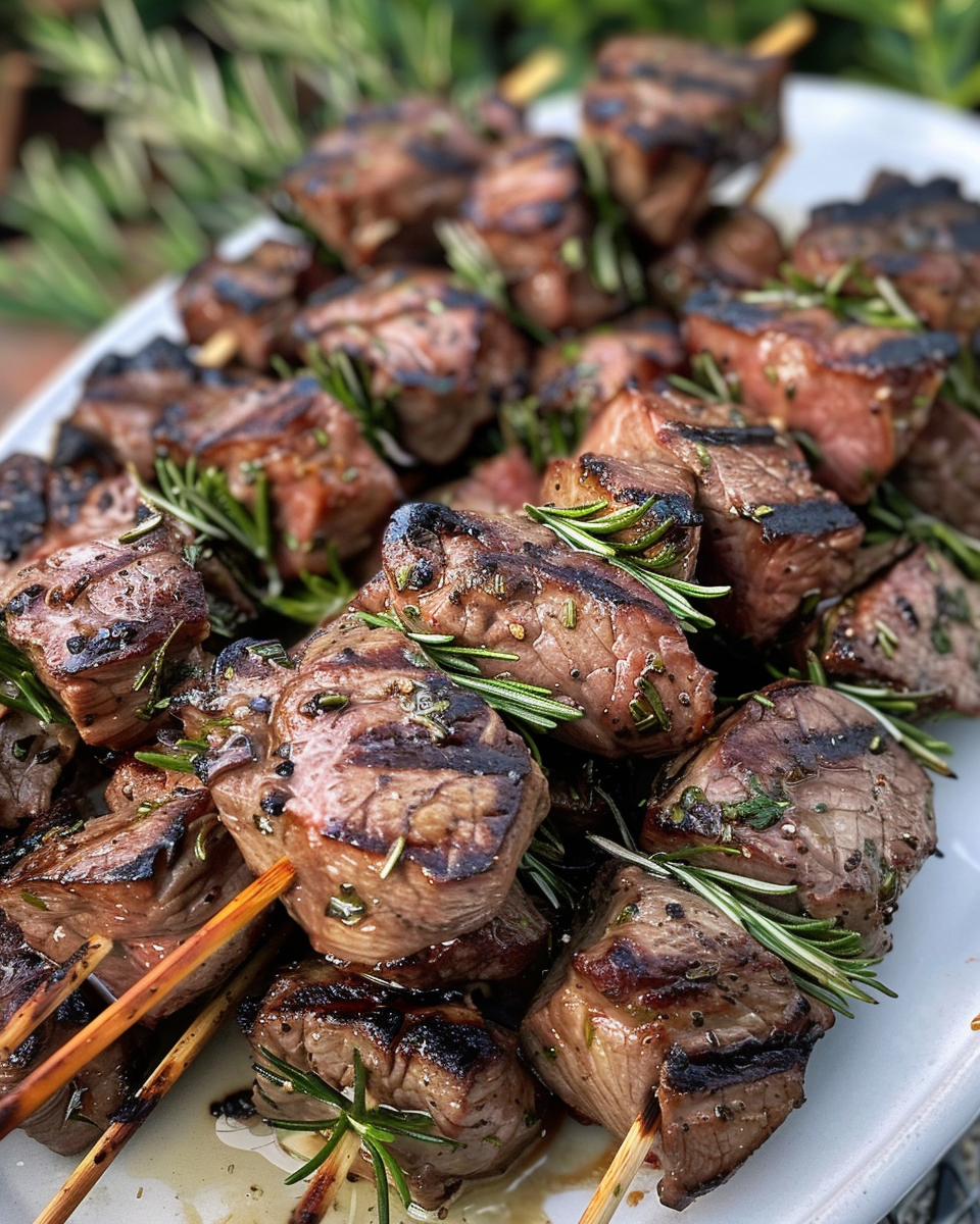 Fresh ingredients for rosemary garlic steak kabobs including beef, garlic and peppers