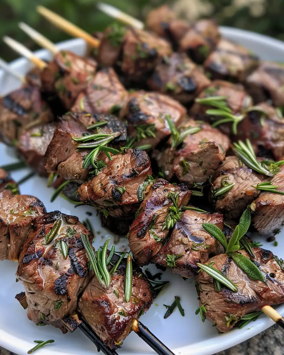 Perfectly cooked and served rosemary garlic steak kabobs on a plate