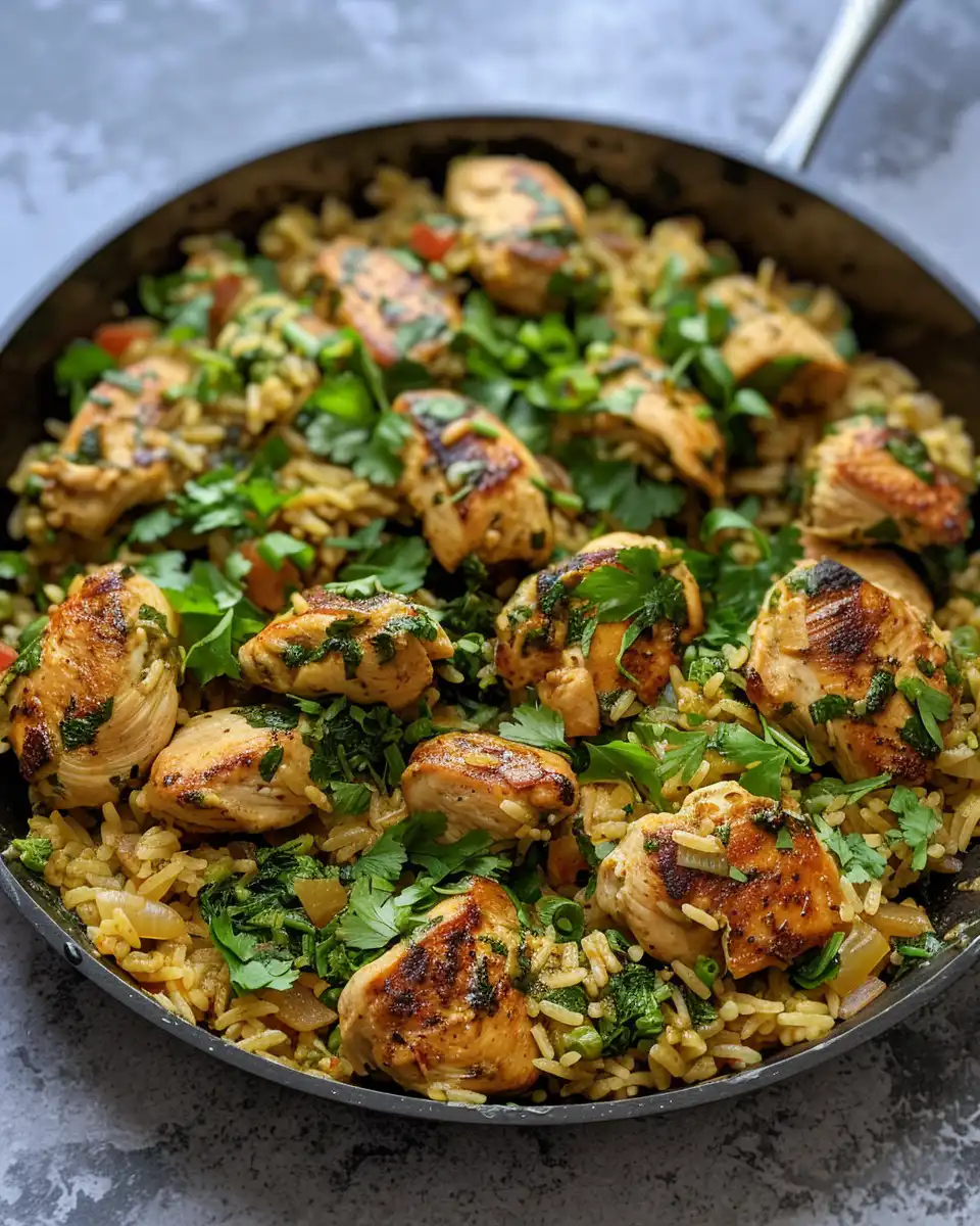 Close-up of finished salsa verde chicken and rice with melted cheese ready to serve