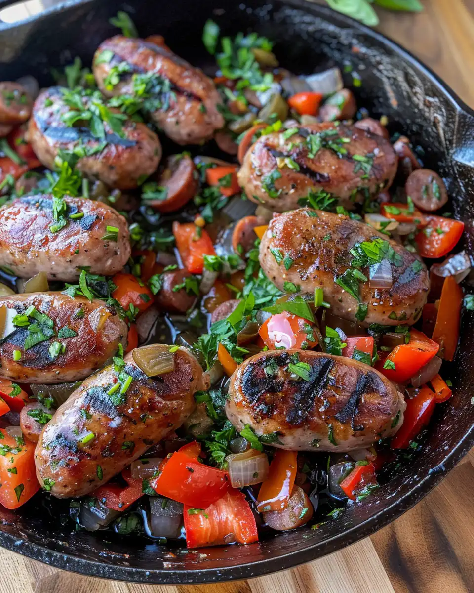 Finished sausage and veggies skillet served hot