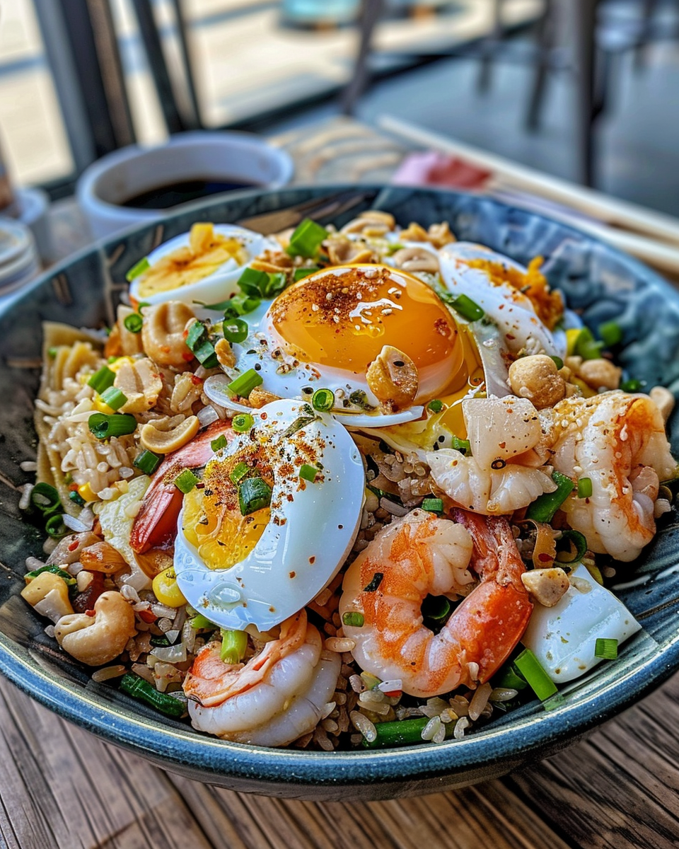 Prepared ingredients for seafood fried rice including squid, shrimp, and vegetables