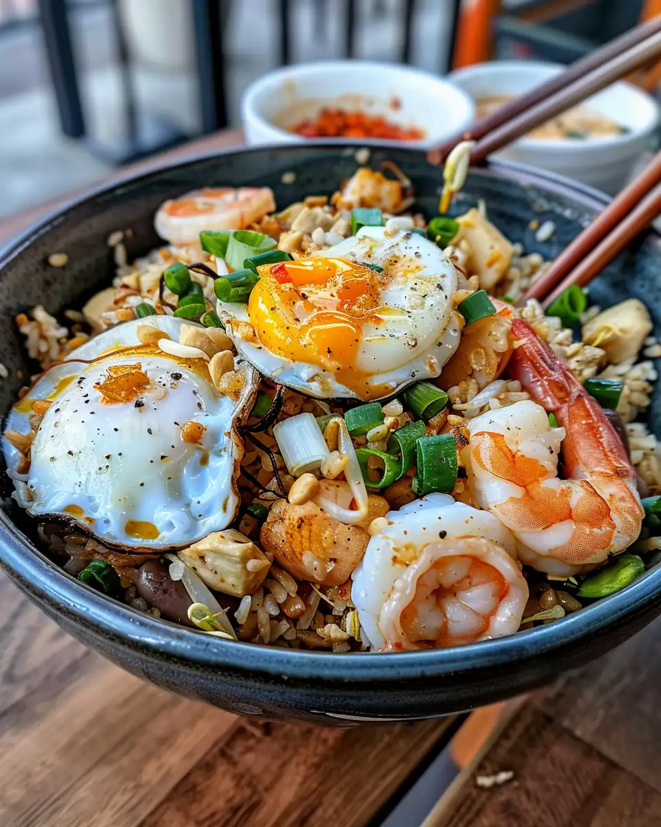 Seafood fried rice finished and ready to serve on plate