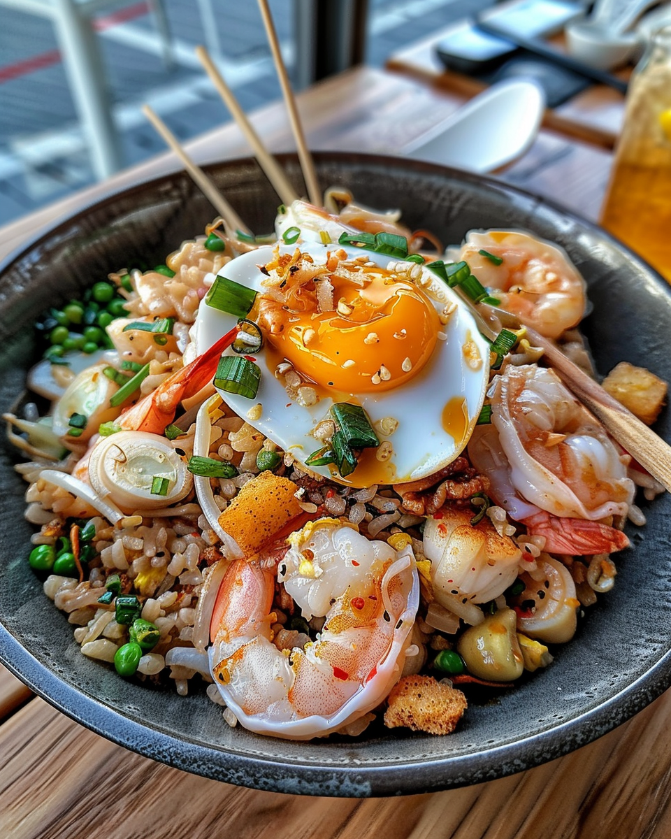 Steam rising from pressure cooker with seafood fried rice