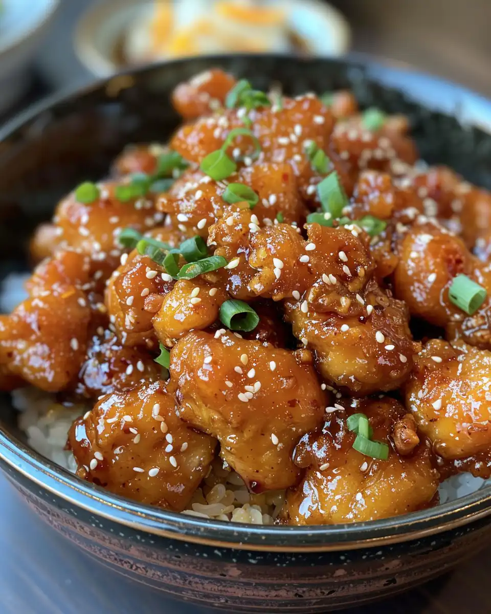Served pressure cooker sesame chicken garnished with green onions and sesame seeds