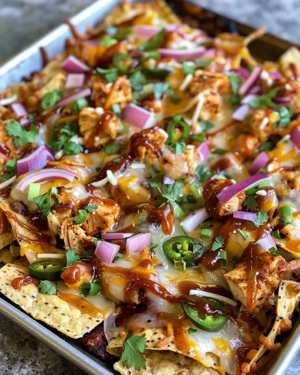 Served sheet pan BBQ chicken nachos with melted cheese and bacon