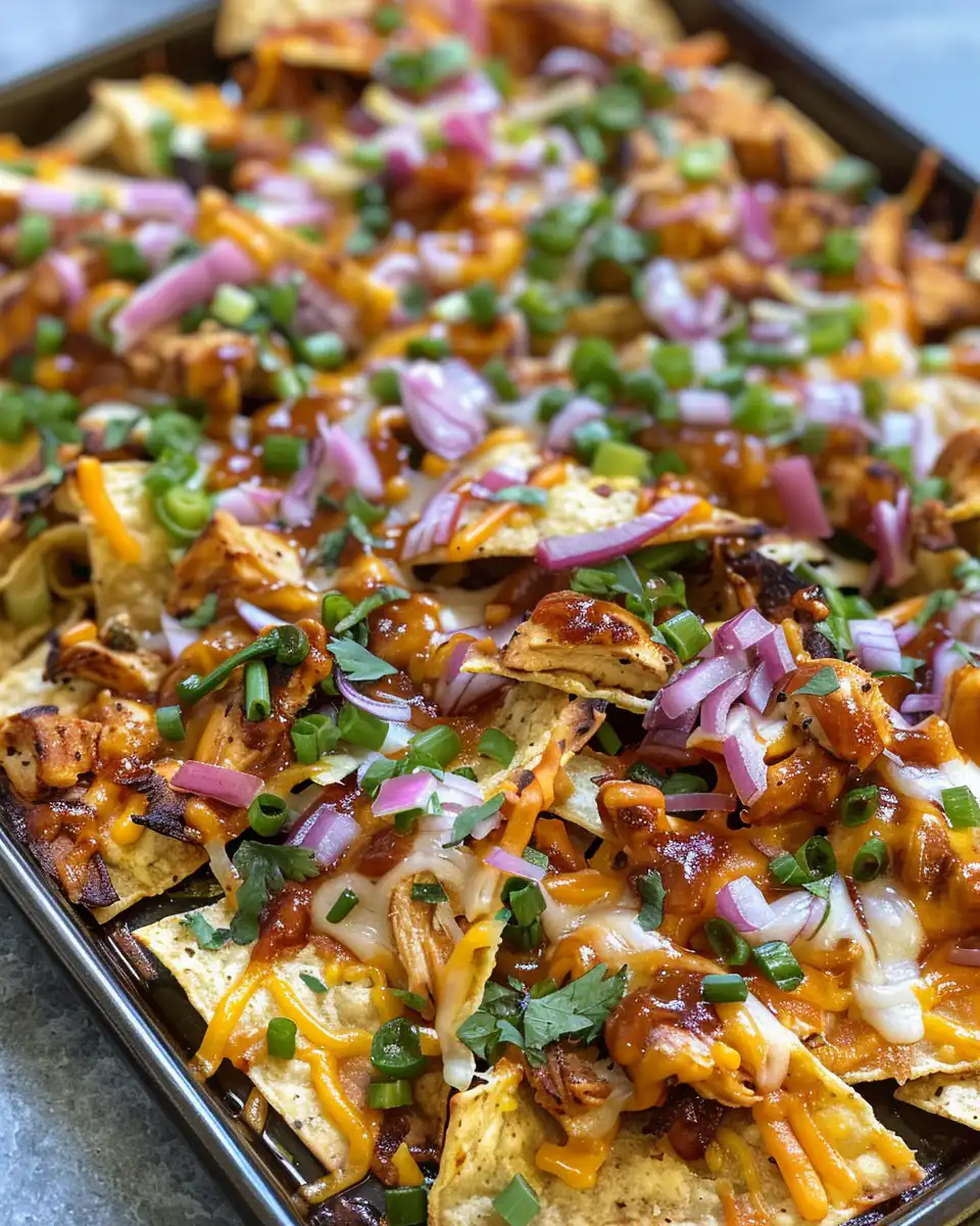 Steam rising from sheet pan BBQ chicken nachos