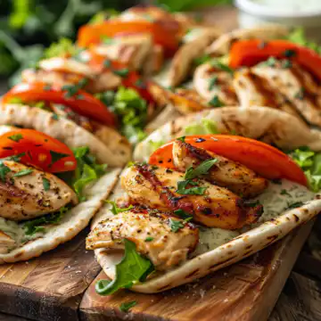 Sheet Pan Chicken Pitas with Herby Ranch taken with iphone 15 pro max --iw 2 --ar 4:5 --v 6.0 --raw
