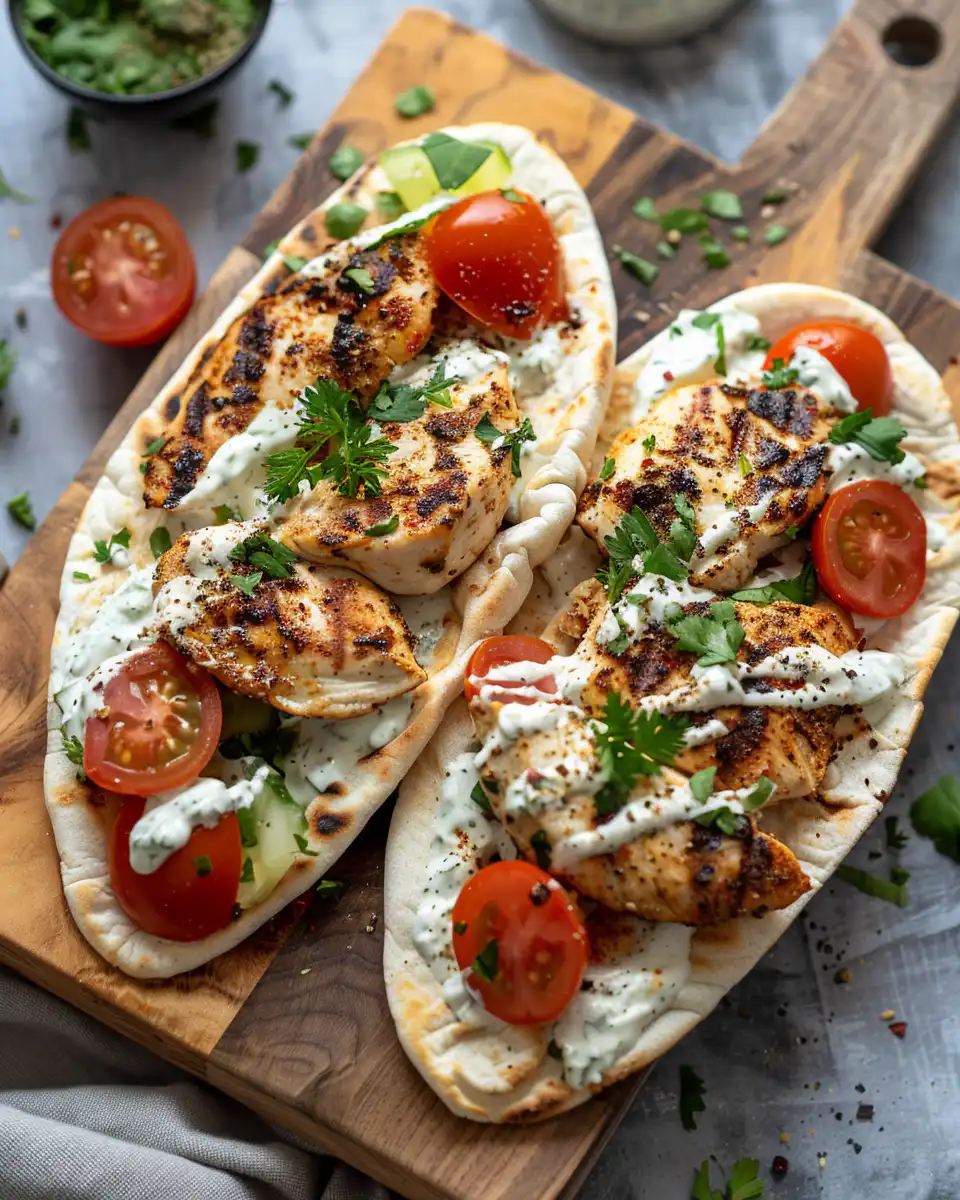 Finished chicken pita pockets stuffed and ready to serve