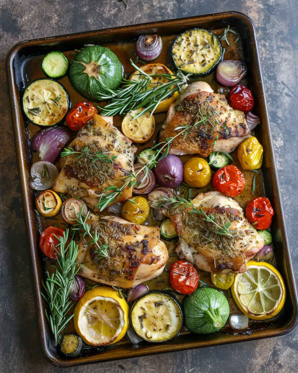 Finished sheet pan Mediterranean chicken and zucchini with olives and feta