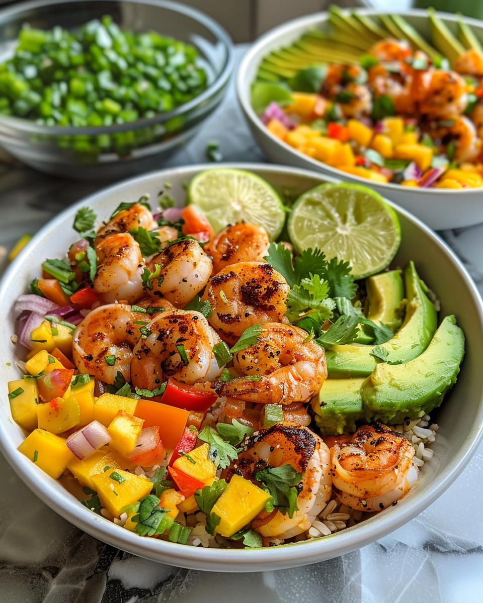 Fresh ingredients for shrimp and avocado bowls with mango salsa and lime chili sauce