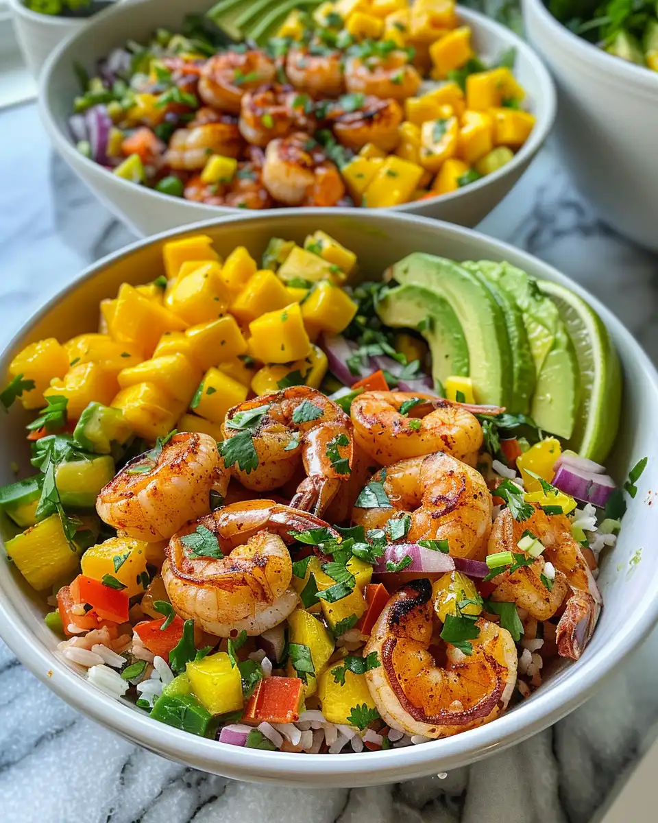 Assembled shrimp and avocado bowls with mango salsa and lime chili sauce ready to serve