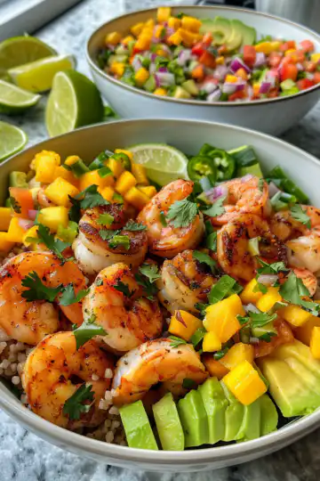 Shrimp and Avocado Bowls with Mango Salsa and Lime Chili Sauce taken with iphone 15 pro max --iw 2 --ar 4:5 --v 6.0 --raw